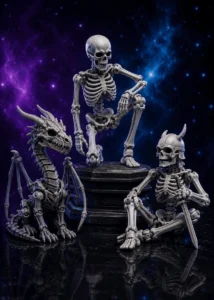 Collection of original 3D-printed articulated skeleton and dragon models