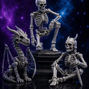 Collection of original 3D-printed articulated skeleton and dragon models