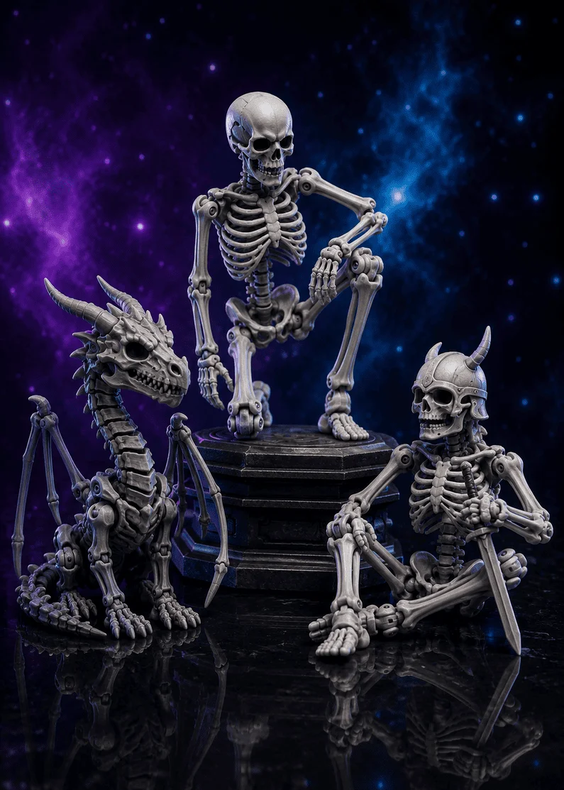 Collection of original 3D-printed articulated skeleton and dragon models