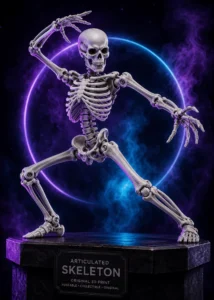 Original articulated 3D-printed skeleton in a dynamic display pose