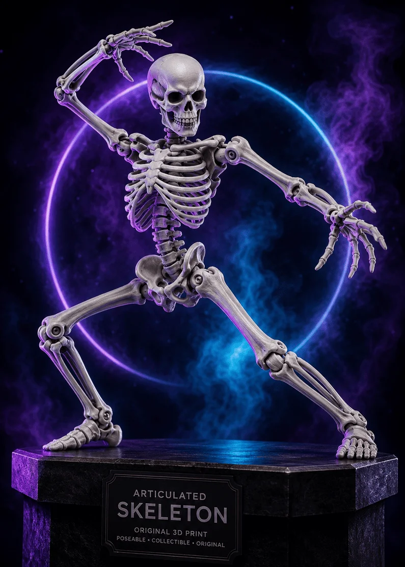 Original articulated 3D-printed skeleton in a dynamic display pose
